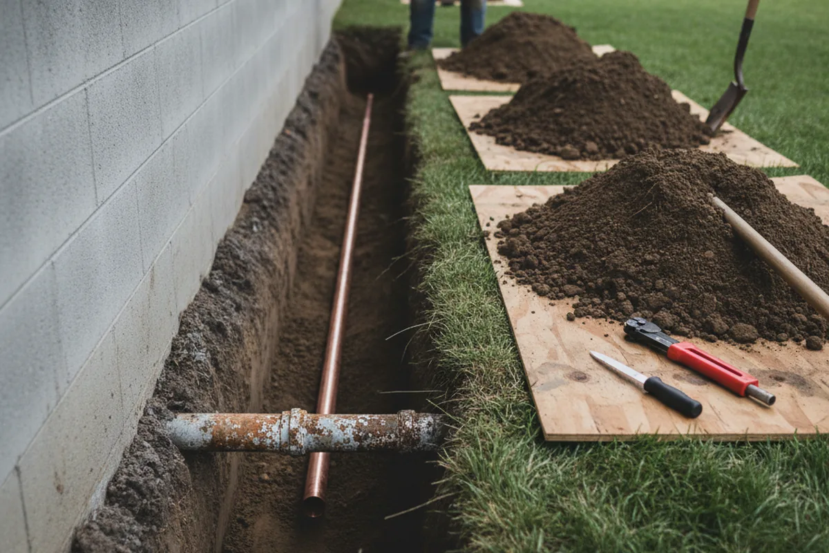 Excavated water line trench during Sewer Line Repair in Jennings